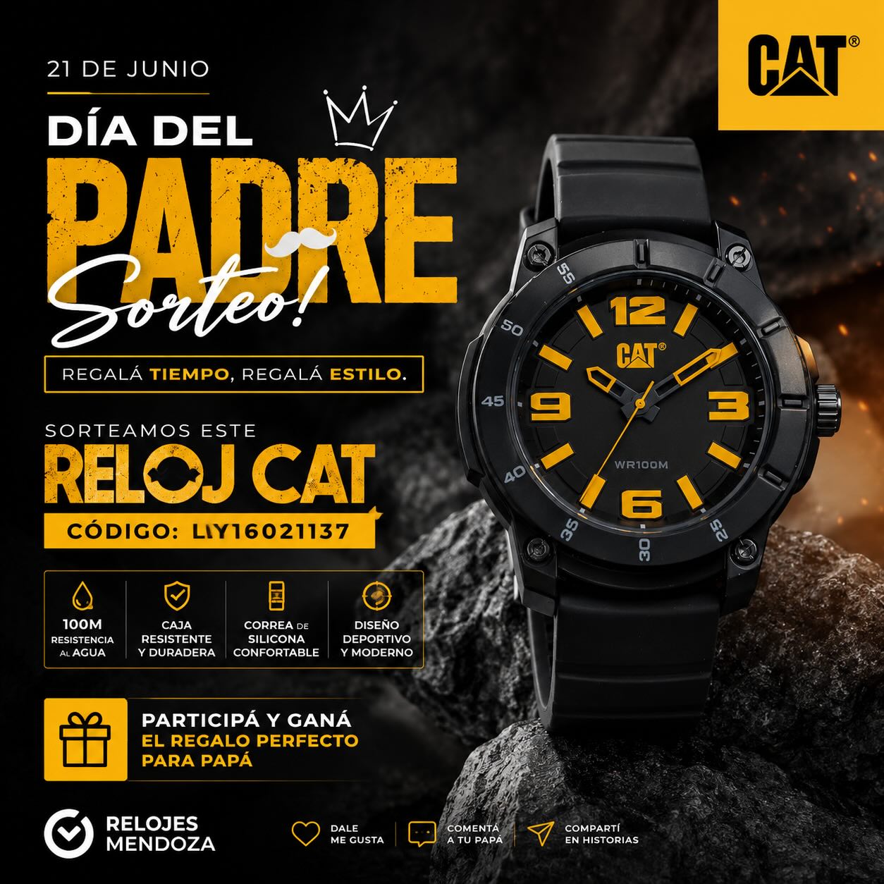 🎉 ¡SORTEO DÍA DEL PADRE! 🎉 En @relojes_mendoza Mendoza queremos celebrar a papá con un reloj increíble 🔥⌚ ✨ Participá por este espectacular CAT modelo LY16021137 ✨ ✔️ Resistencia al agua 100M
✔️ Diseño deportivo y moderno
✔️ Correa de silicona súper cómoda
✔️ Caja resistente y duradera 📅 Sorteamos el 19 de junio ¿Cómo participar? 👇
❤️ Dale like a esta publicación
💬 Comentá etiquetando a papá o a quien se lo regalarías (mientras mas comentes mas chances tenes de ganar😉)
📲 Compartí esta publicación en tus historias 🎁 ¡El regalo perfecto para el Día del Padre puede ser tuyo! 🍀 Mucha suerte a todos 🍀 #Sorteo #DiaDelPadre #CATWatches #Relojes #RelojesMendoza Giveaway Estil
